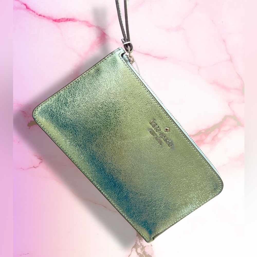 NWT Kate Spade Metallic Leather Wristlet Wallet, Seawater Green KE635
